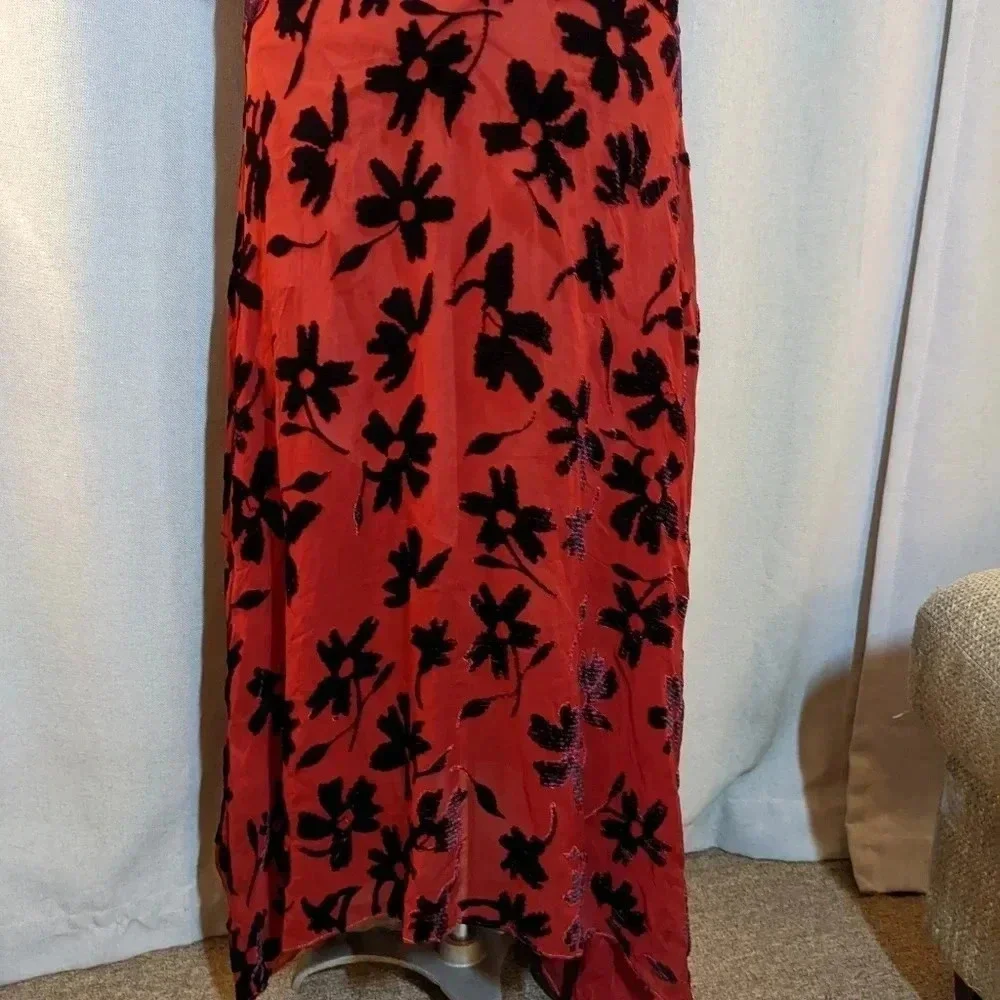 Saloni Red Chiffon V Maxi Dress Black Velvet Flowers Size 2 Edith Devor